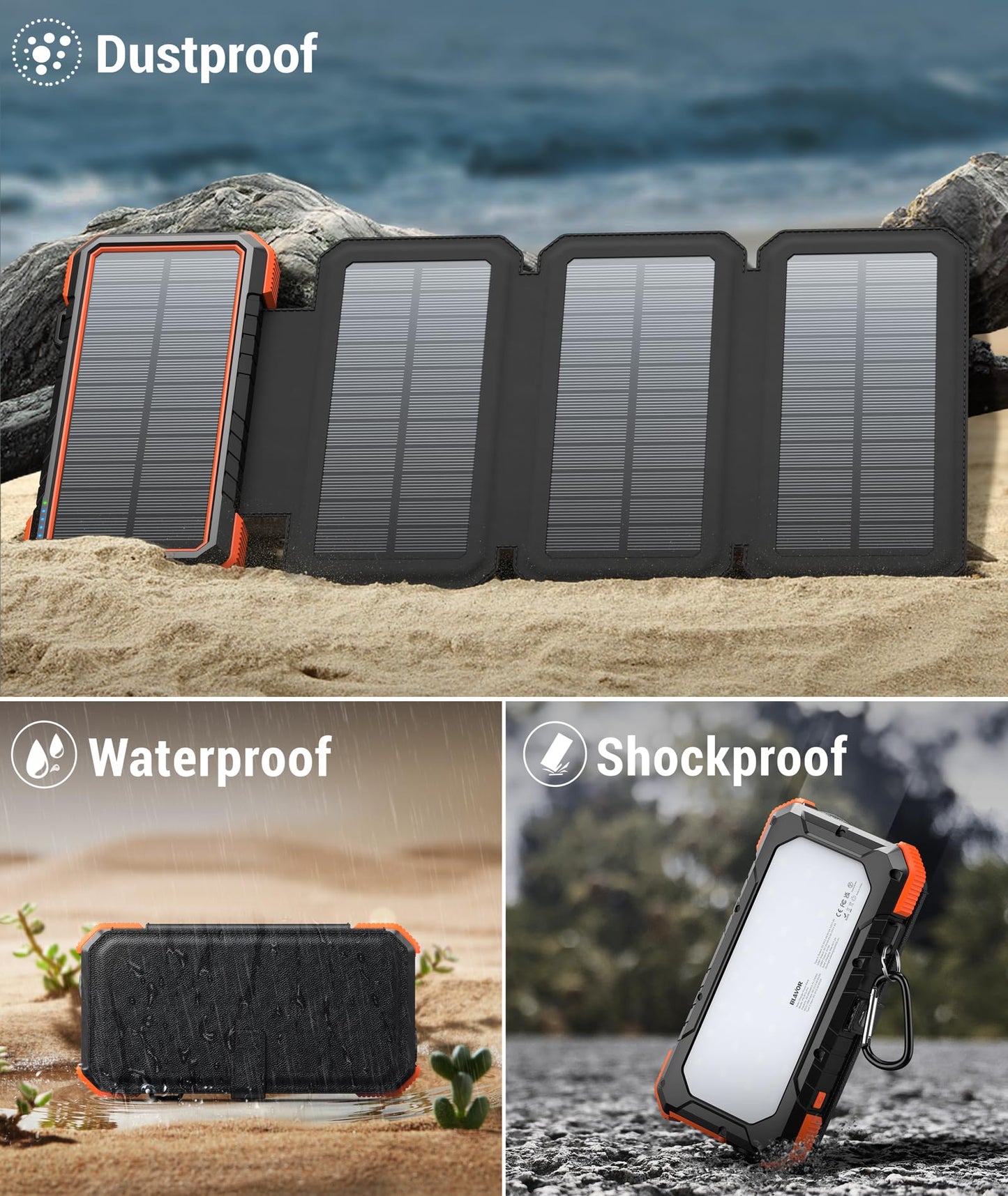 BLAVOR Solar Charger Power Bank, PD 18W Fast Charging 20000mAh Battery Pack with 4 Foldable Panels, Portable Solar Powered USB C Charger with Camping Flashlight Compass Carabiner for Cell Phone
