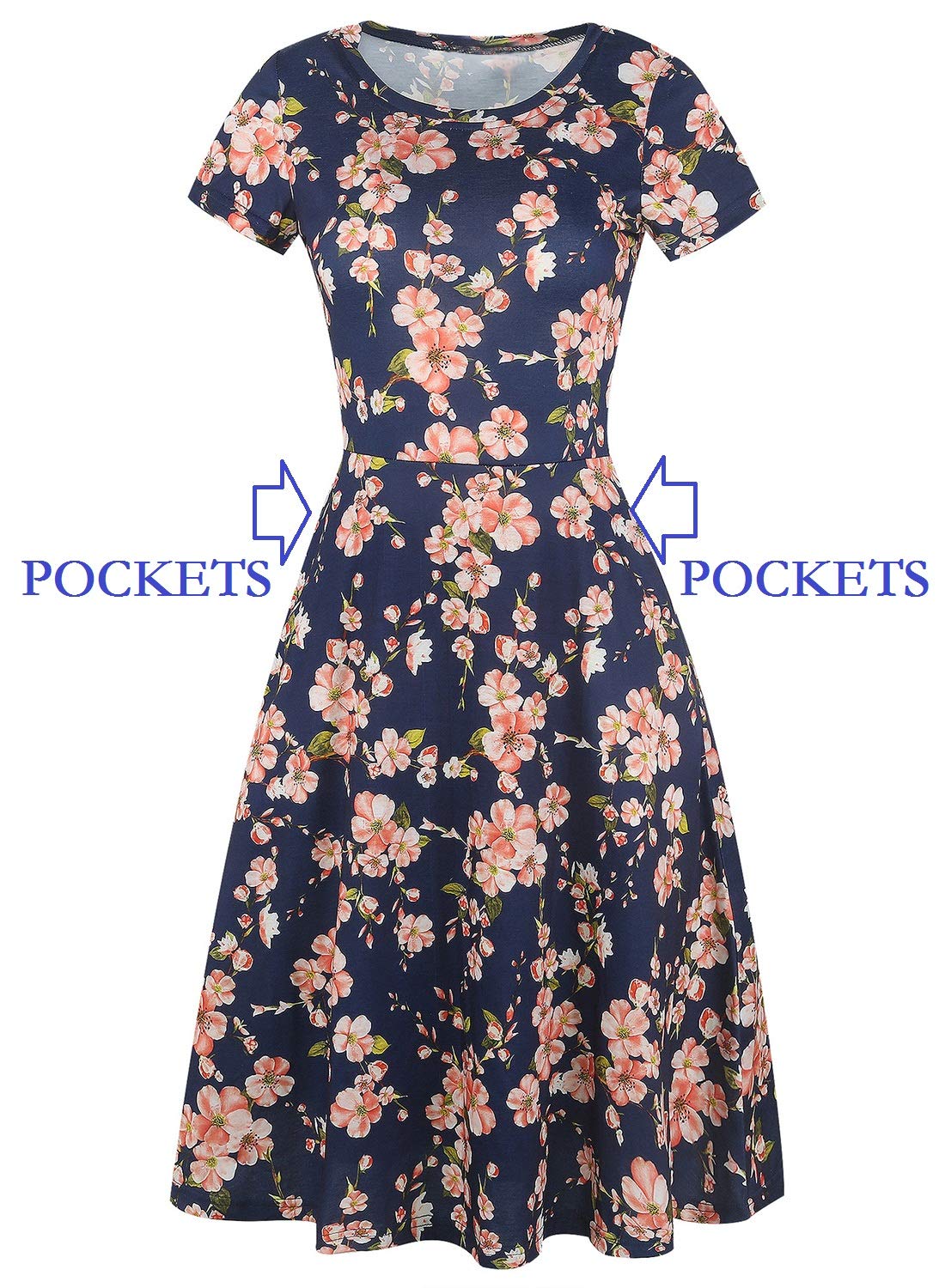 Prime Wardrobe Womens Clothing Vintage Beautiful Casual Short Sleeve Ladies Floral Fit Flare Party Cocktail Aline Swing Dress 162 (M, Navy)