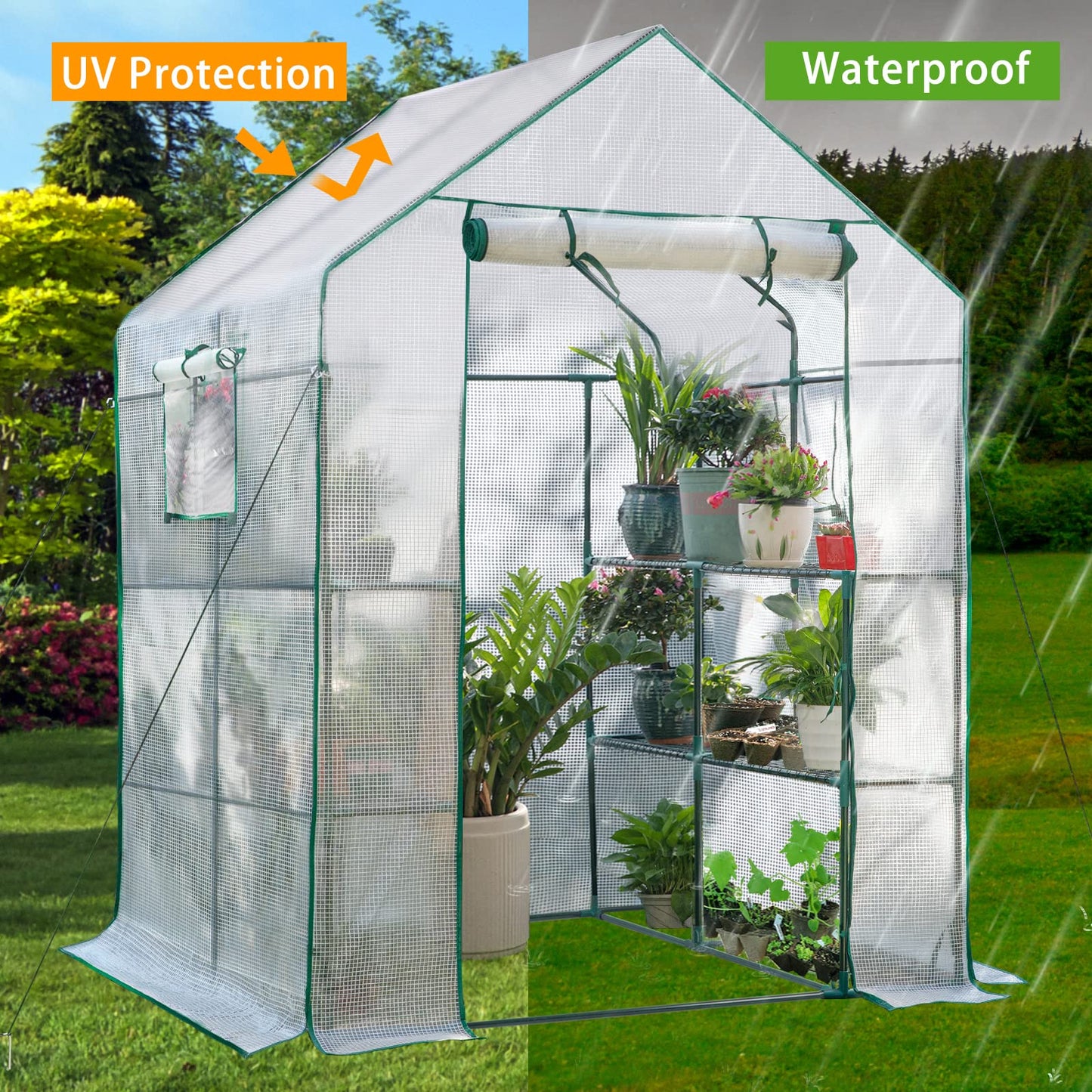 SV SCOOL VALUE Green Houses for Outdoors, PE Walk in Greenhouse with 2 Side Mesh Windows, Portable Green House with Anchors & Ropes Stands Up to Wind, 56"x56"x78" White