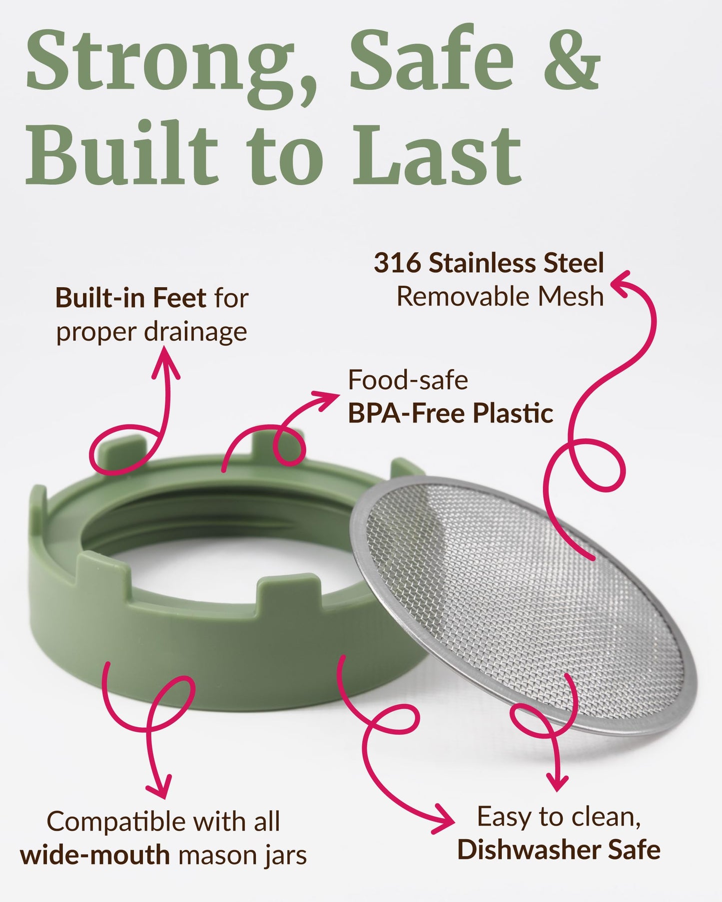 Elementi Sprouts Growing Kit for Wide Mouth Mason Jars, Set of 2 Sprouting Lids for Organic Alfalfa & Mung Bean Sprouts Grow Kit, 316 Stainless Steel Mesh Screen Strainer Lid (Sage Green)