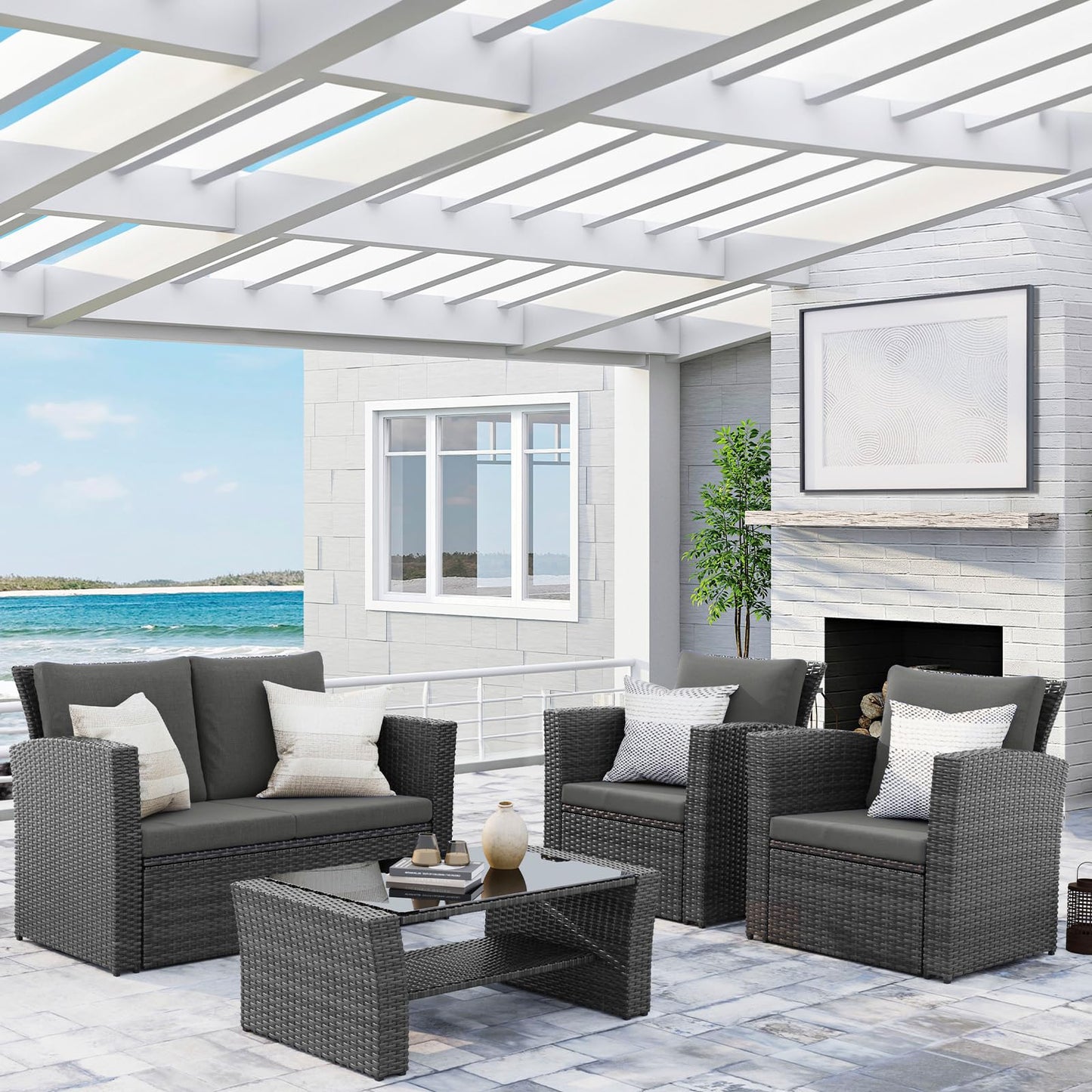 Wisteria Lane 4 Piece Outdoor Patio Furniture Sets, Wicker Conversation Set for Porch Deck, Grey Rattan Sofa Chair with Cushion （Dark Grey