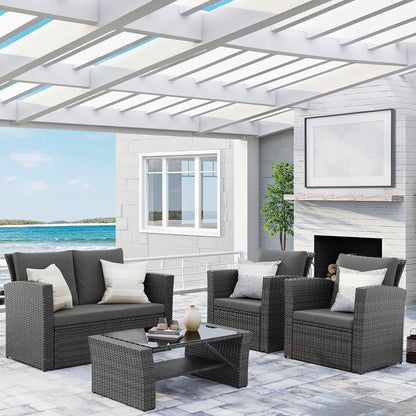 Wisteria Lane 4 Piece Outdoor Patio Furniture Sets, Wicker Conversation Set for Porch Deck, Grey Rattan Sofa Chair with Cushion （Dark Grey