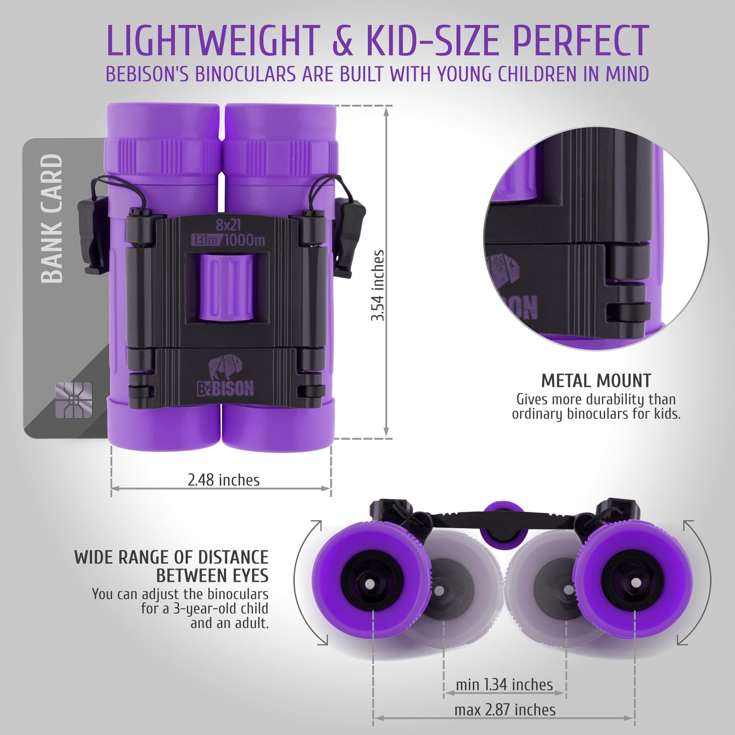 BeBison Binoculars for Kids and Adults - 8x21 High Resolution Real Optics - Compact Folding Shockproof Kids Binoculars for Bird Watching - Spy Games - Outdoor Play for Boys and Girls