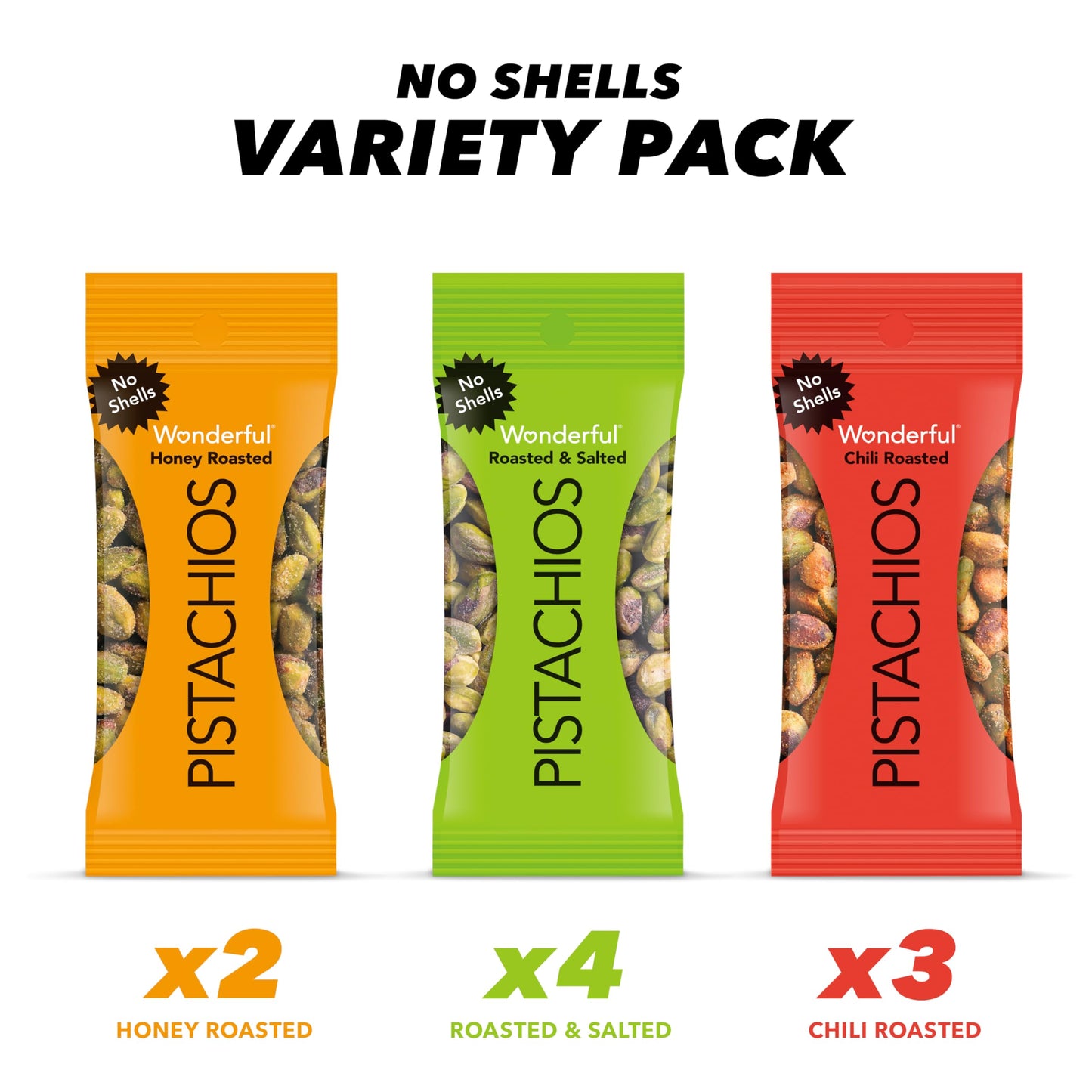 Wonderful Pistachios No Shells, 3 Flavors Mixed Variety Pack of 9 (0.75 Ounce), Roasted & Salted Nuts (4), Chili Roasted (3), Honey Roasted (2), Protein Snacks, Gluten Free, Pantry Staples, Healthy Snacks Variety Pack for Adults