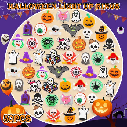 Coluans Halloween Party Favors for Kids Adults 50Pcs Gifts Halloween Treats LED Light Up Rings Flash Rings Glow In The Dark Party Supplies Goodie Non Candy Bag Filler Prizes Decorations NEW VERSION