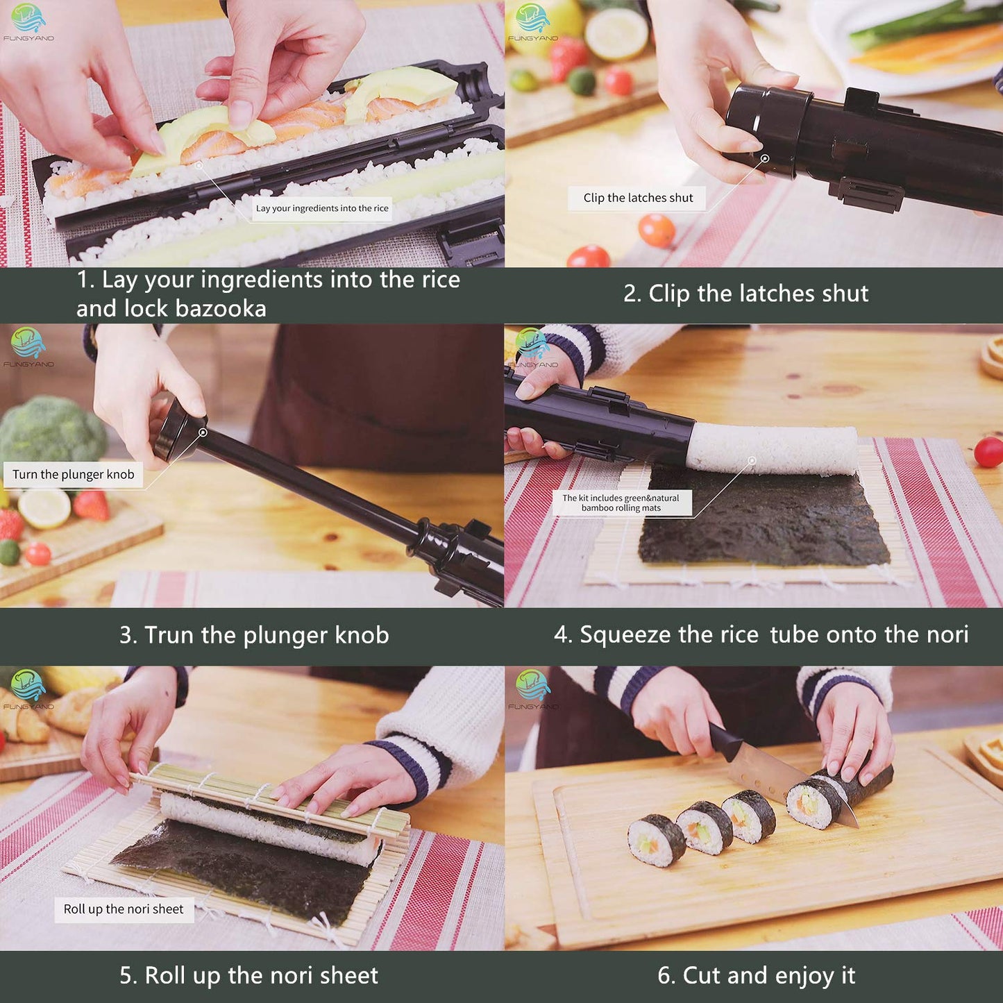 FUNGYAND Sushi Making Kit, All-in-One Bazooka Roller Set with Bamboo Mats, Avocado Slicer, Paddle, Knife, Chopstick & Holders, Cotton Bag - DIY Maki Roller Machine
