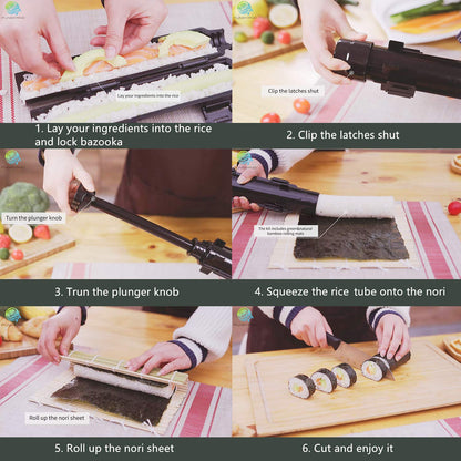 FUNGYAND Sushi Making Kit, All-in-One Bazooka Roller Set with Bamboo Mats, Avocado Slicer, Paddle, Knife, Chopstick & Holders, Cotton Bag - DIY Maki Roller Machine