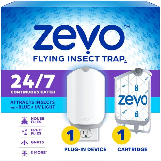 Zevo Flying Insect Trap & Cartridge - Plug in Fly Trap & Indoor Bug Catcher for Gnats, House & Fruit Flies - Mess-Free - Use in Any Room - Uses Blue & UV Light (1 Plug in Device & 1 Cartridge)