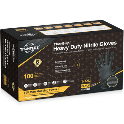 TitanFlex Heavy Duty Black Industrial Nitrile Gloves, 8-mil, XL, Box of 100, Latex Free, Raised Diamond Texture, Powder Free, Food Safe, Rubber Gloves, Mechanic Gloves