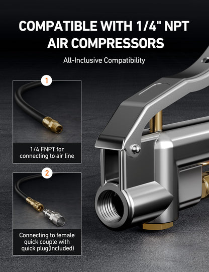 AstroAI 25.6'' Heavy-Duty Tire Pressure Gauge with Inflator, Dual Head Chuck ANSI B40.1 Accurate Tire Inflator with Pressure Gauge, 10-120PSI, Compatible with 1/4" NPT Air Compressor