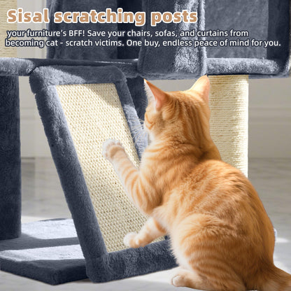 Tuaoeef Cat Tree with Cat Condo and Two Hammocks, Cat Tree with Scratching Posts and Scratching Pads, Cat Tower for Indoor Cats, Activity Centre Climbing Tree with Playful Toy Balls, Grey