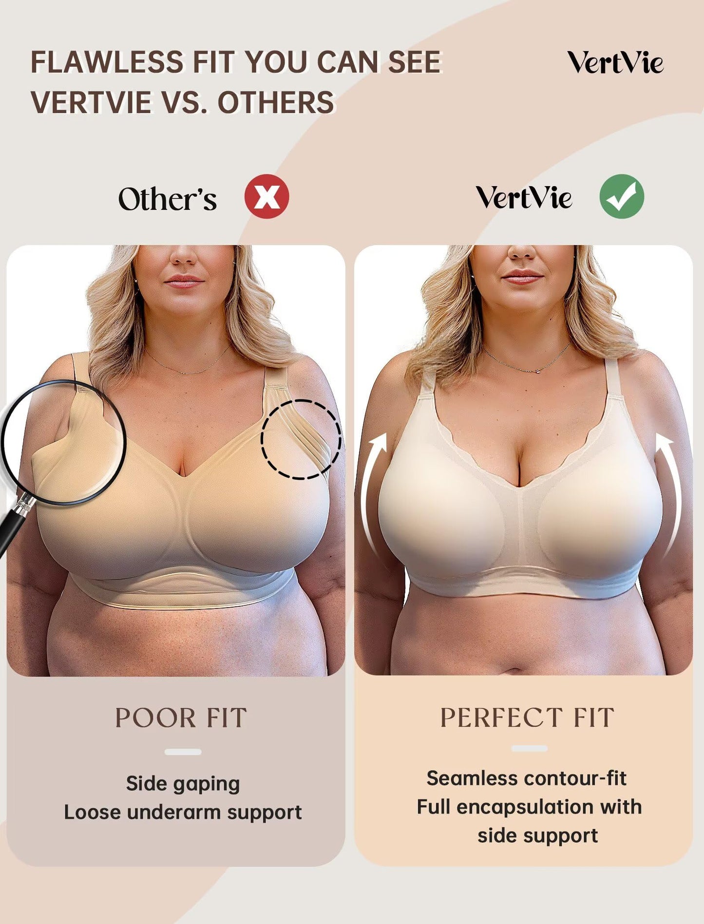 Vertvie Womens Seamless Bras No Underwire Supportive Wireless Push Up Full Coverage Bralette Comfort Scalloped T-Shirt Bra(Skin,Medium)