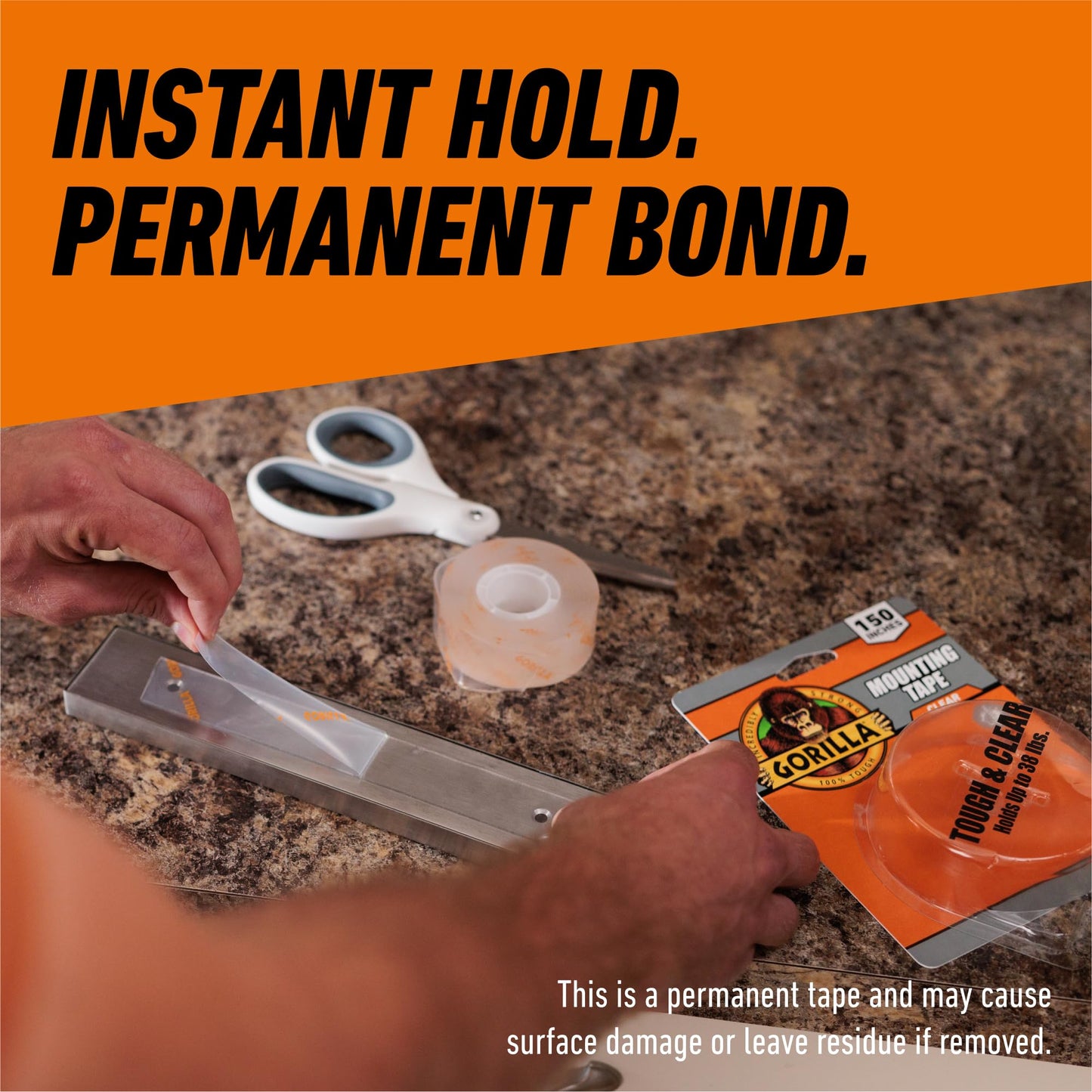 Gorilla Tough & Clear Double Sided Mounting Tape, Clear Tape, 1" x 150" (Pack of 1) - Weatherproof for Indoor or Outdoor