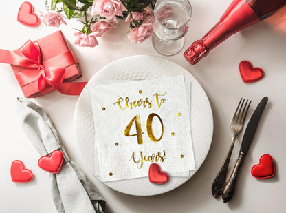 Cheers to 40 Years Cocktail Napkins | Happy 40th Birthday Decorations for Men and Women and Wedding Anniversary Party Decorations | 50-Pack 3-Ply Napkins | 5 x 5 inch folded (White)