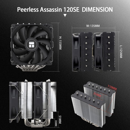 Thermalright Peerless Assassin 120 SE CPU Cooler, 6 Heat Pipes AGHP Technology, Dual 120mm PWM Fans, 1550RPM Speed, for AMD:AM4 AM5/Intel LGA 1700/1150/1151/1200/1851,PC Cooler