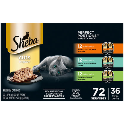 Sheba Perfect Portions Wet Cat Food Cuts in Gravy Variety Pack, Roasted Chicken Entree, with Sustainable Tuna, and Tender Turkey Entree, 2.6 oz. Twin-Pack Trays (36 Count, 72 Servings)