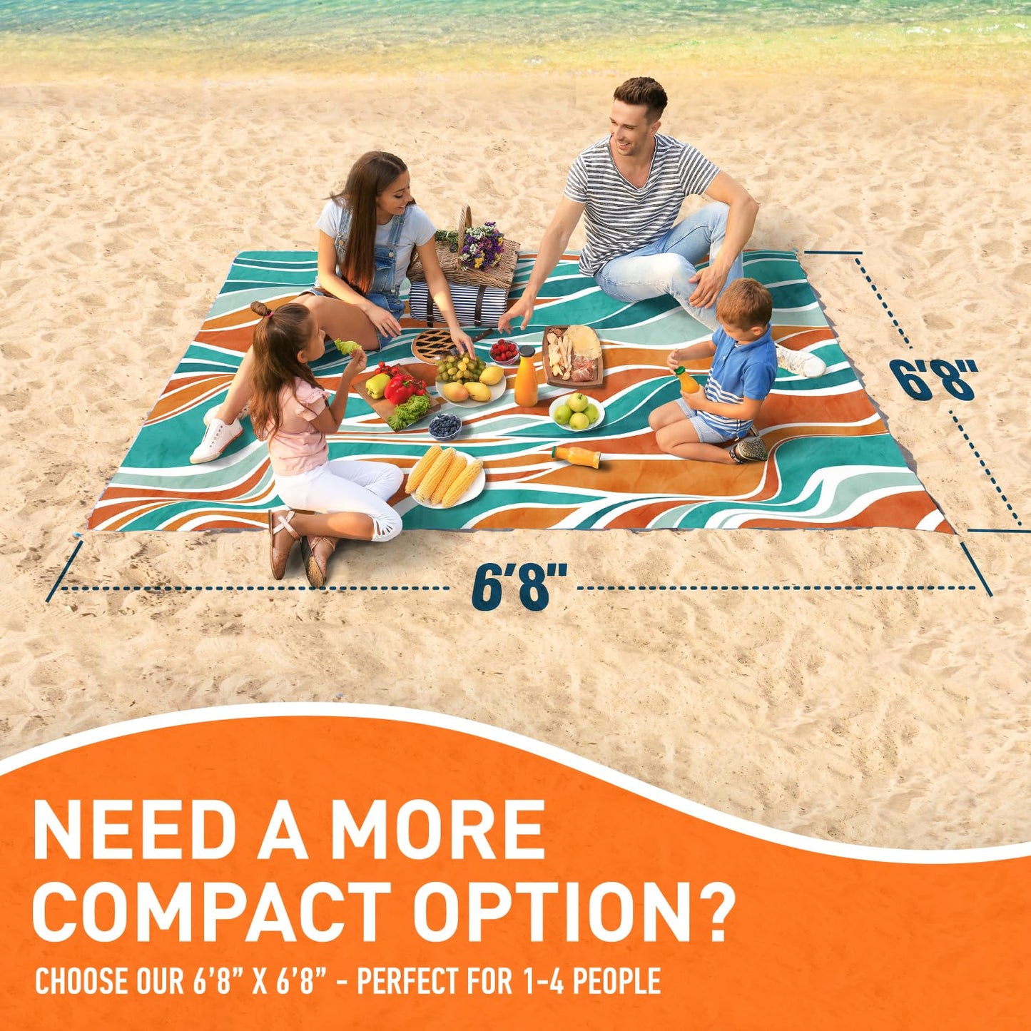 Everlasting Comfort Extra Large Beach Blanket Waterproof & Sandproof - 128" x 108"/10.7ft x 9ft - Lightweight Beach Mat, Picnic Mat, Camping Blanket for 10 People - Ideal for Festivals - Orange