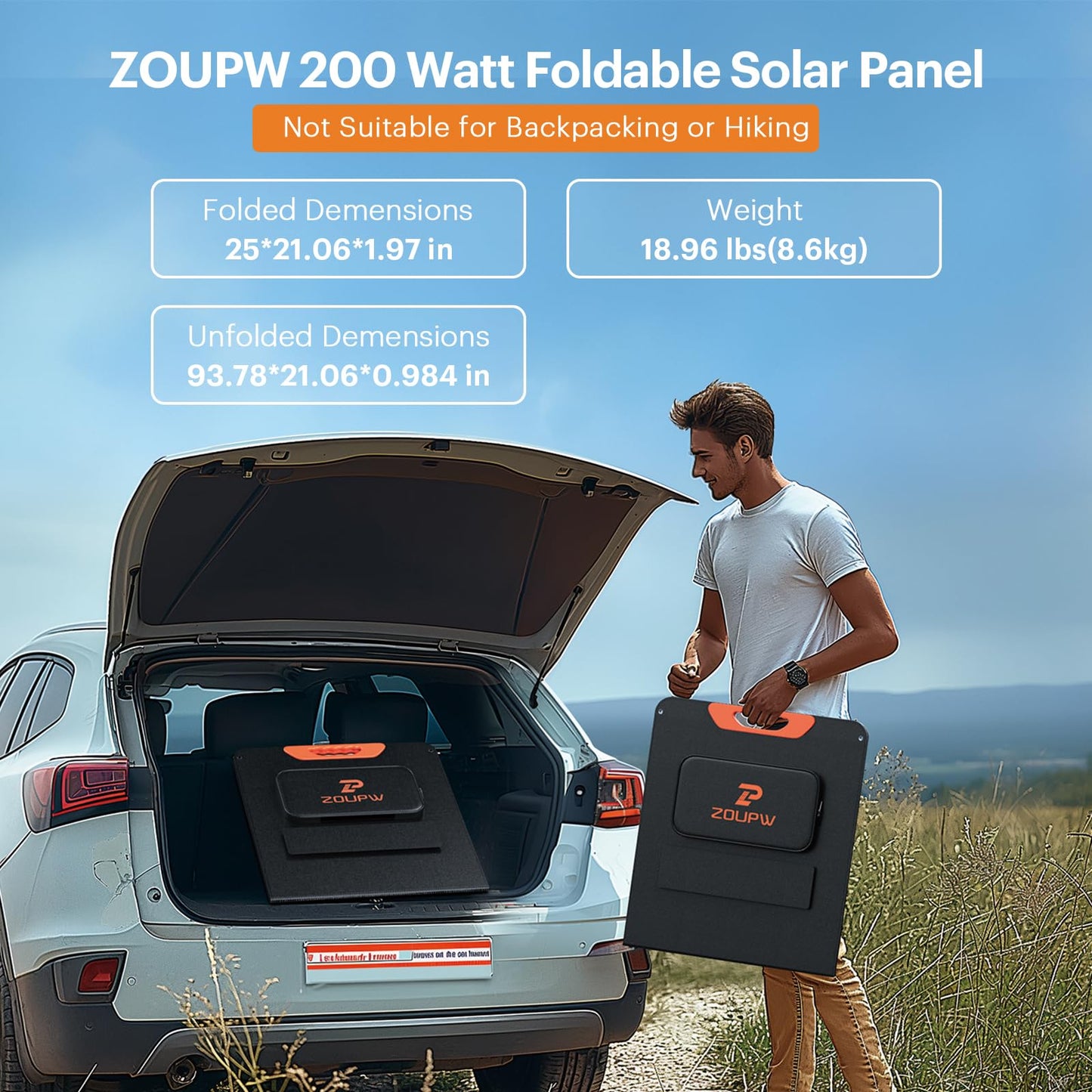 ZOUPW 200 Watt Portable Solar Panel for Power Station,RV Essentials,200W 20V Foldable Solar Charger with Solar Cable,23.5% High Efficiency IP67 Waterproof 4 Kickstands for Camping RV Road Trip