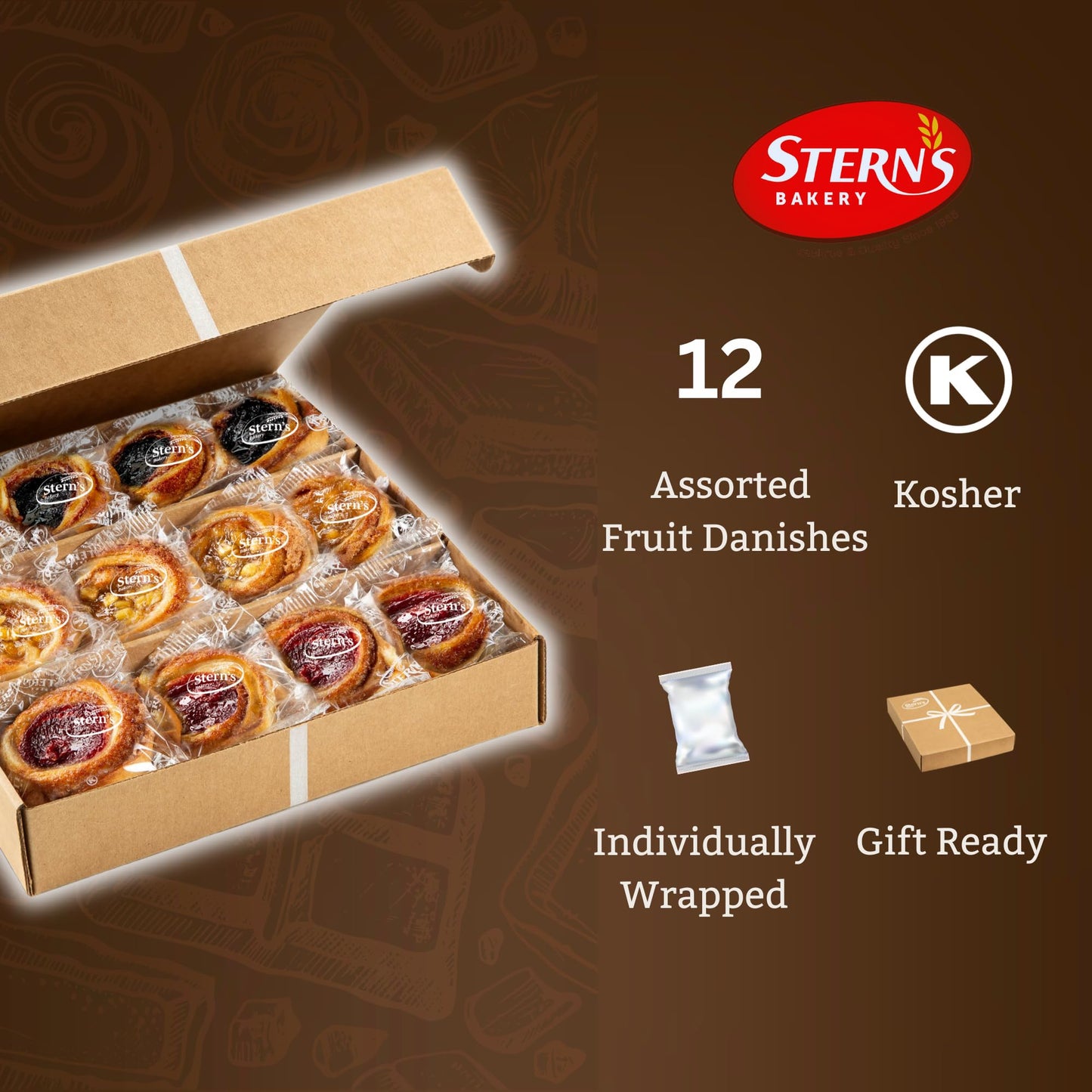 Fruit Danish Pastries | Christmas Holiday Corporate Food Gifts in Gift box |12 Individually Wrapped ASSORTED Fruit Filled Cinnamon Buns | Halloween, Thanksgiving-Stern’s Bakery