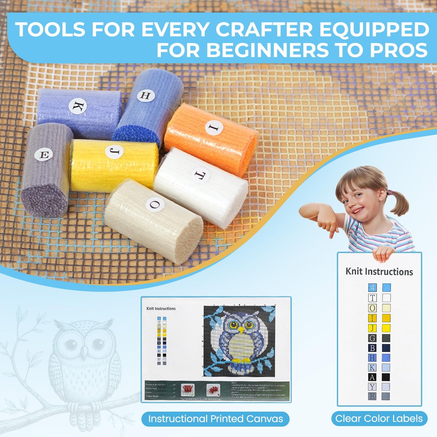 EsLuker.ly Full Moon Owl Latch Hook Pillow Kit for Adults Beginners, DIY Throw Pillow Cushion Cover Making Set with Pre-Printed Canvas & Crochet Yarn, Creative Latch Hook Craft Kits for Home Decor