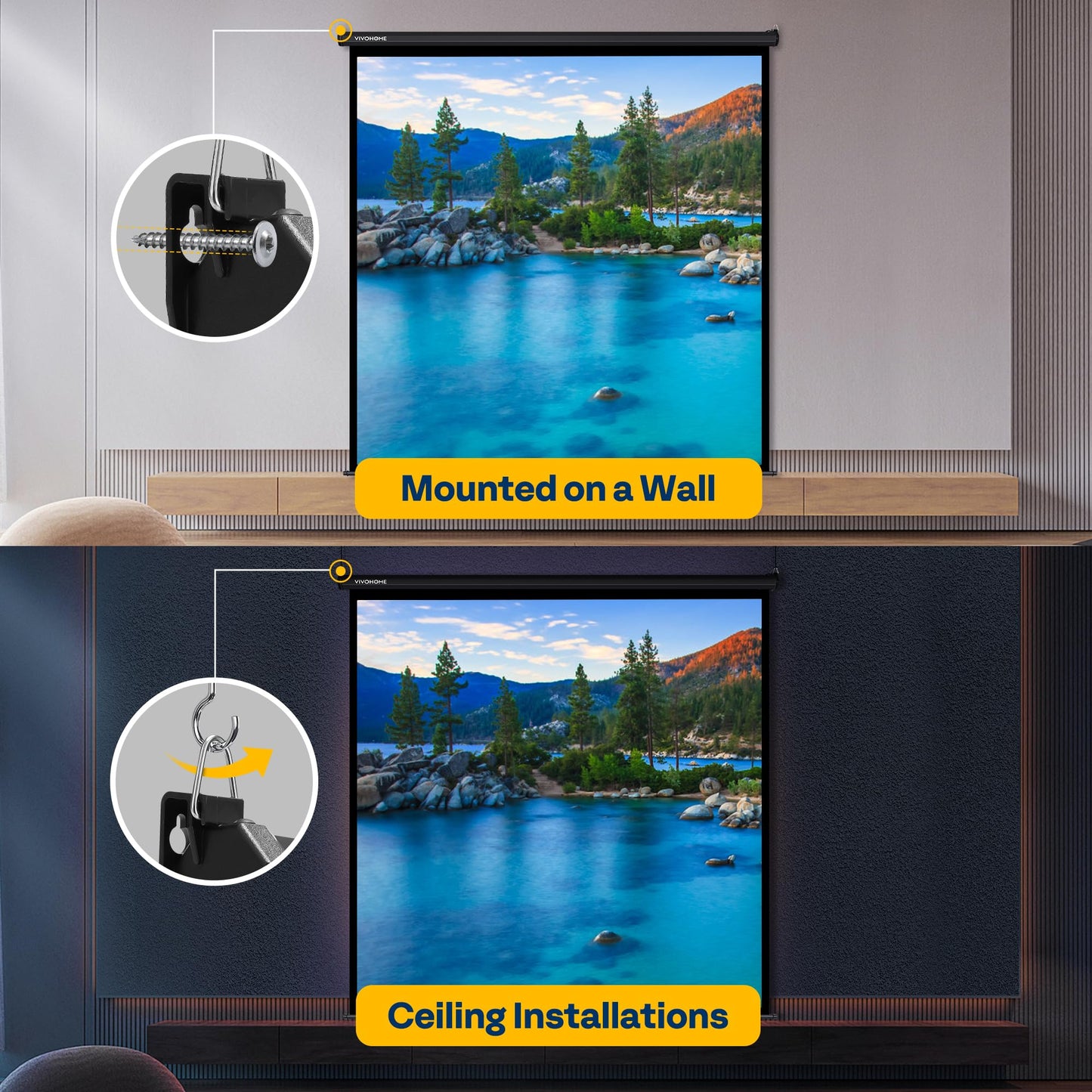 VIVOHOME Projector Screen Pull Down, 1:1 120 Inch Retractable Projection Screen, HD 4K Manual Pull Movie Screen for Home Theater, Cinema, Office (84x84 Inch Black)