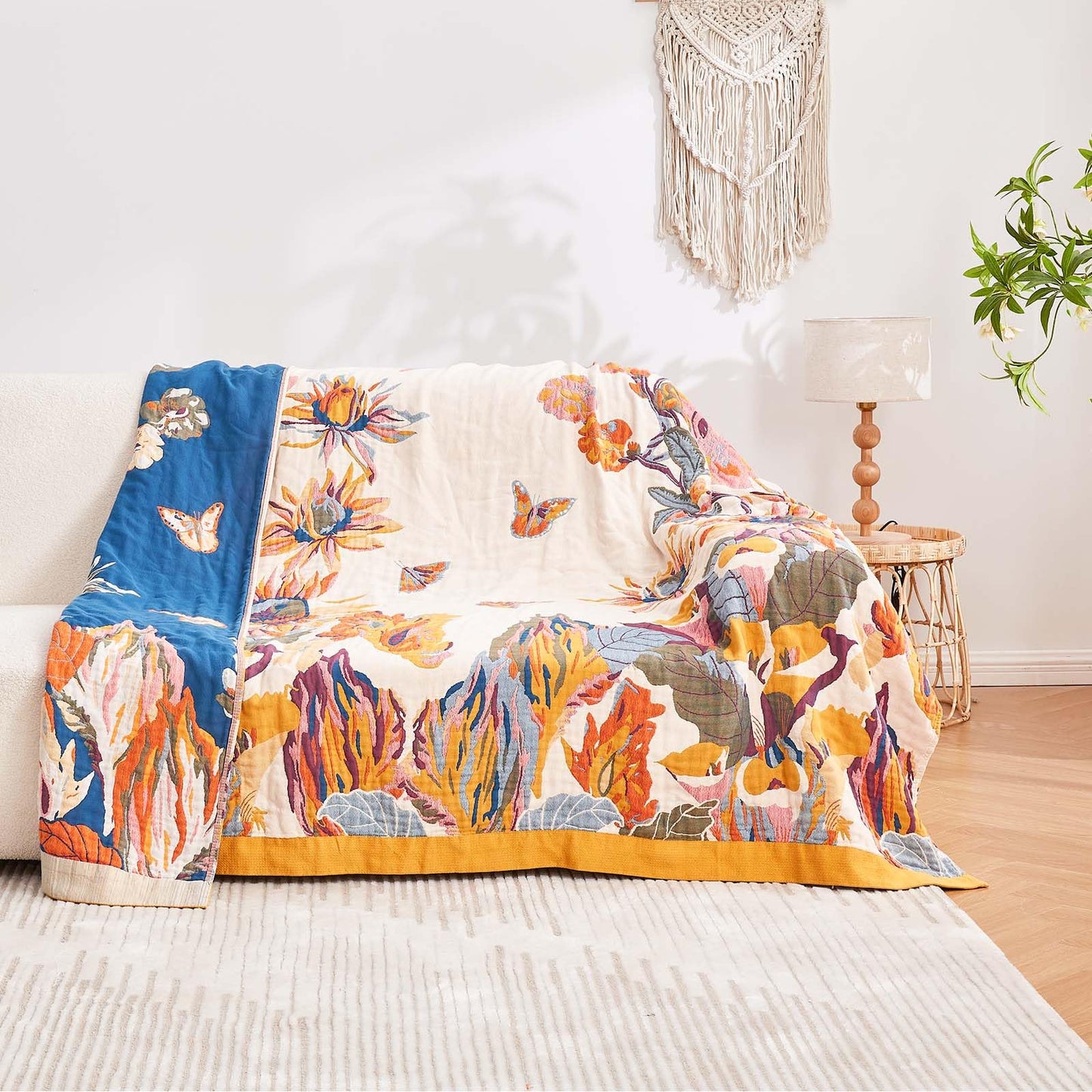 XIBLC Boho Throw Blanket, 100% Cotton Ultra Soft Luxury Throw Rustic Quilt, 50"x60" Floral Bird Butterfly Farmhouse Decor Bed Blankets, All Season Rustic Reversible Bohemian Throw for Bed - Yellow