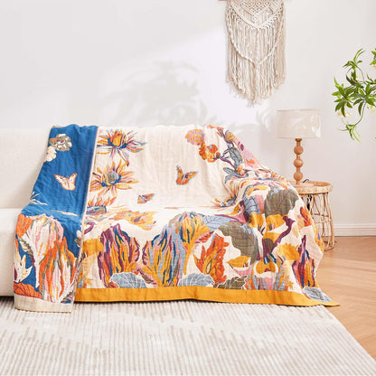 XIBLC Boho Throw Blanket, 100% Cotton Ultra Soft Luxury Throw Rustic Quilt, 50"x60" Floral Bird Butterfly Farmhouse Decor Bed Blankets, All Season Rustic Reversible Bohemian Throw for Bed - Yellow