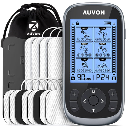 AUVON 3-in-1 TENS Unit Muscle Stimulator, EMS Massage Machine with 40 Intensities for Gradual Shoulder, Sciatica, Back Pain Relief, 24 Modes Rechargeable Electronic Pulse Massager with 12 TENS Pads