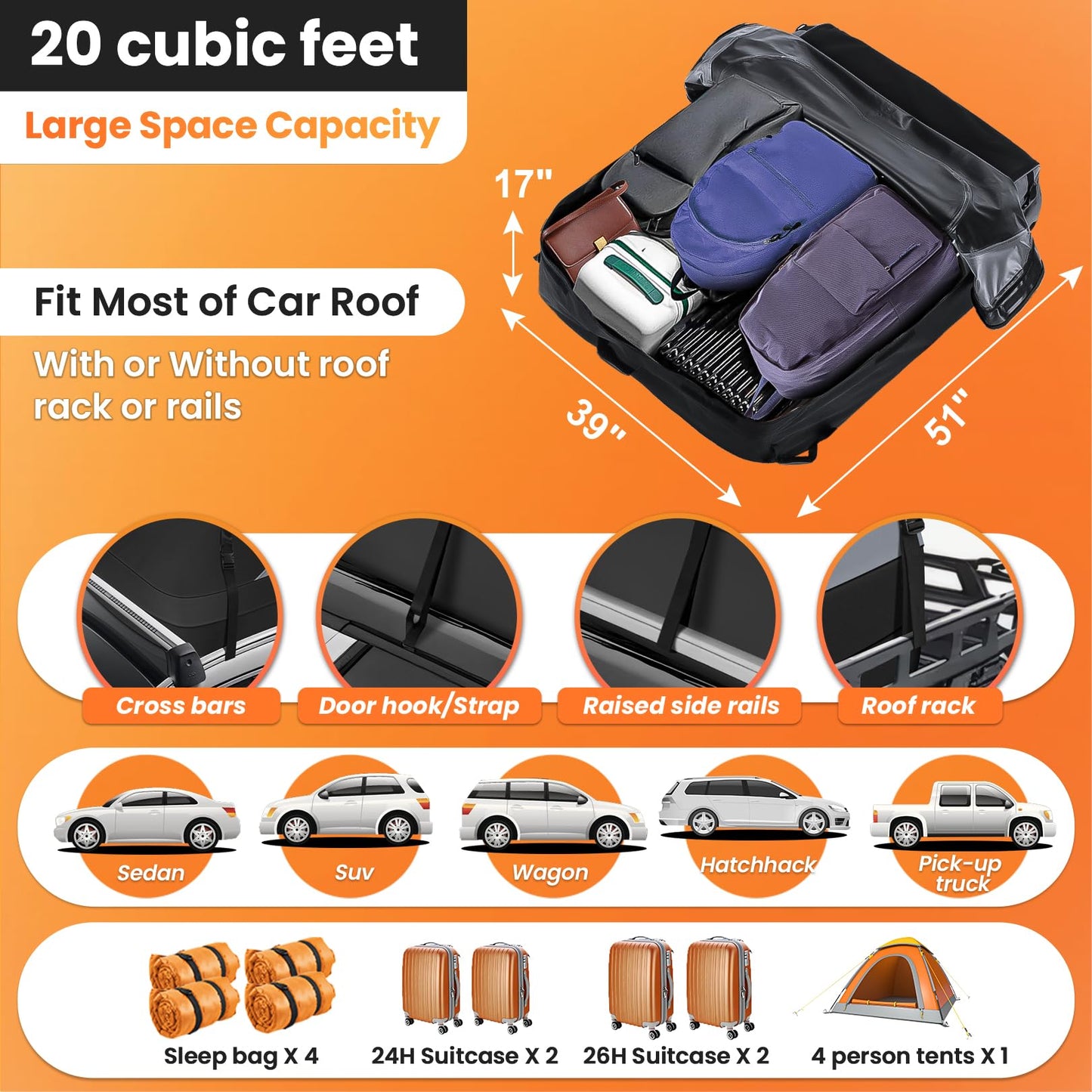 Sailnovo Car Rooftop Cargo Carrier Roof Bag, 20 Cubic feet Waterproof Roof Cargo Carrier fit car with/Without Luggage Rack - Vehicle Soft Shell Roof Cargo Box with Tie-Down Strap, Safety Hook