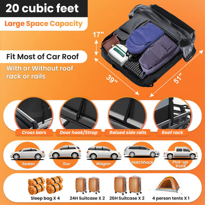 Sailnovo Car Rooftop Cargo Carrier Roof Bag, 20 Cubic feet Waterproof Roof Cargo Carrier fit car with/Without Luggage Rack - Vehicle Soft Shell Roof Cargo Box with Tie-Down Strap, Safety Hook