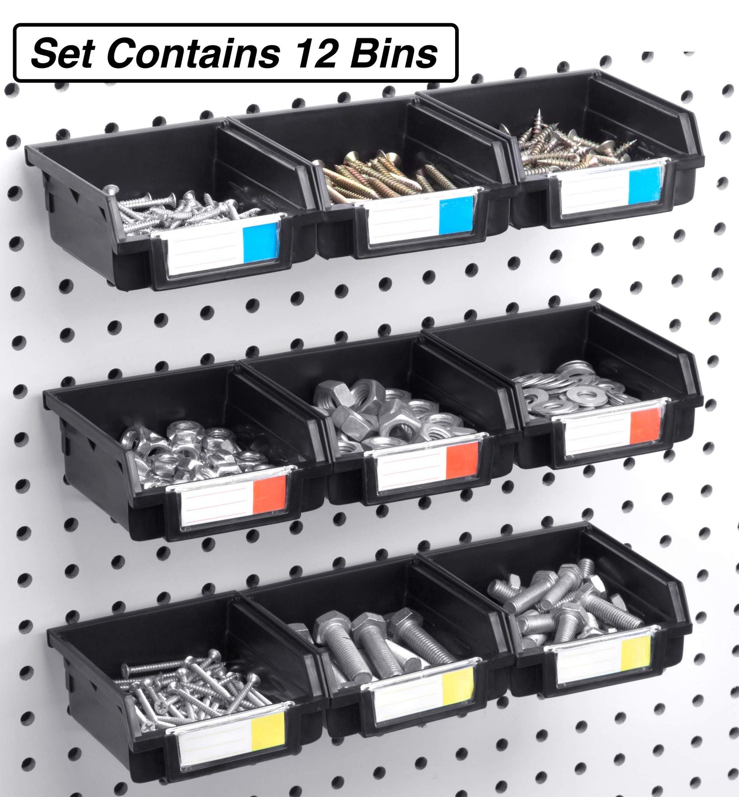 Right Arrange Pegboard Bins - 12 Pack Black - Hooks to Any Peg Board - Organize Hardware, Accessories, Attachments, Workbench, Garage Storage, Craft Room, Tool Shed, Hobby Supplies, Small Parts