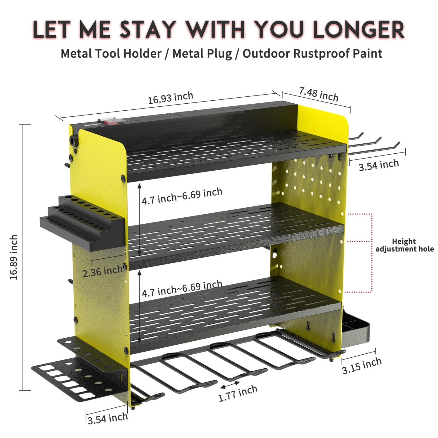 ZEAKOC Power Tool Organizer with Charging Station, 4 Layers Drill Holder Wall Mount,Metal Garage Rack with 10A Power Strip,Tool Shelves with Hooks,Drill Bit Storage, for Men Dad (Green&Black)