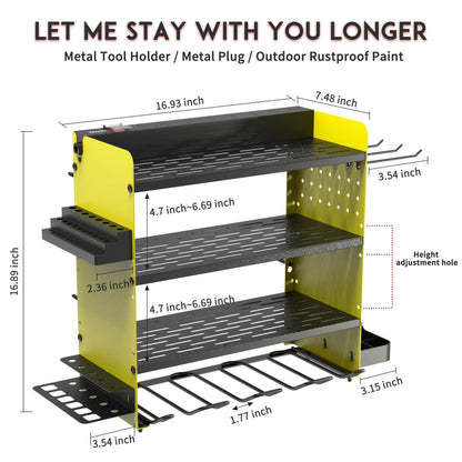 ZEAKOC Power Tool Organizer with Charging Station, 4 Layers Drill Holder Wall Mount,Metal Garage Rack with 10A Power Strip,Tool Shelves with Hooks,Drill Bit Storage, for Men Dad (Green&Black)
