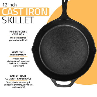 Utopia Kitchen Cast Iron Frying Pan 12 Inch, Cast Iron Chefs Pan, Pre Seasoned Skillet, Safe Grill Cookware for Indoor & Outdoor Use, Black
