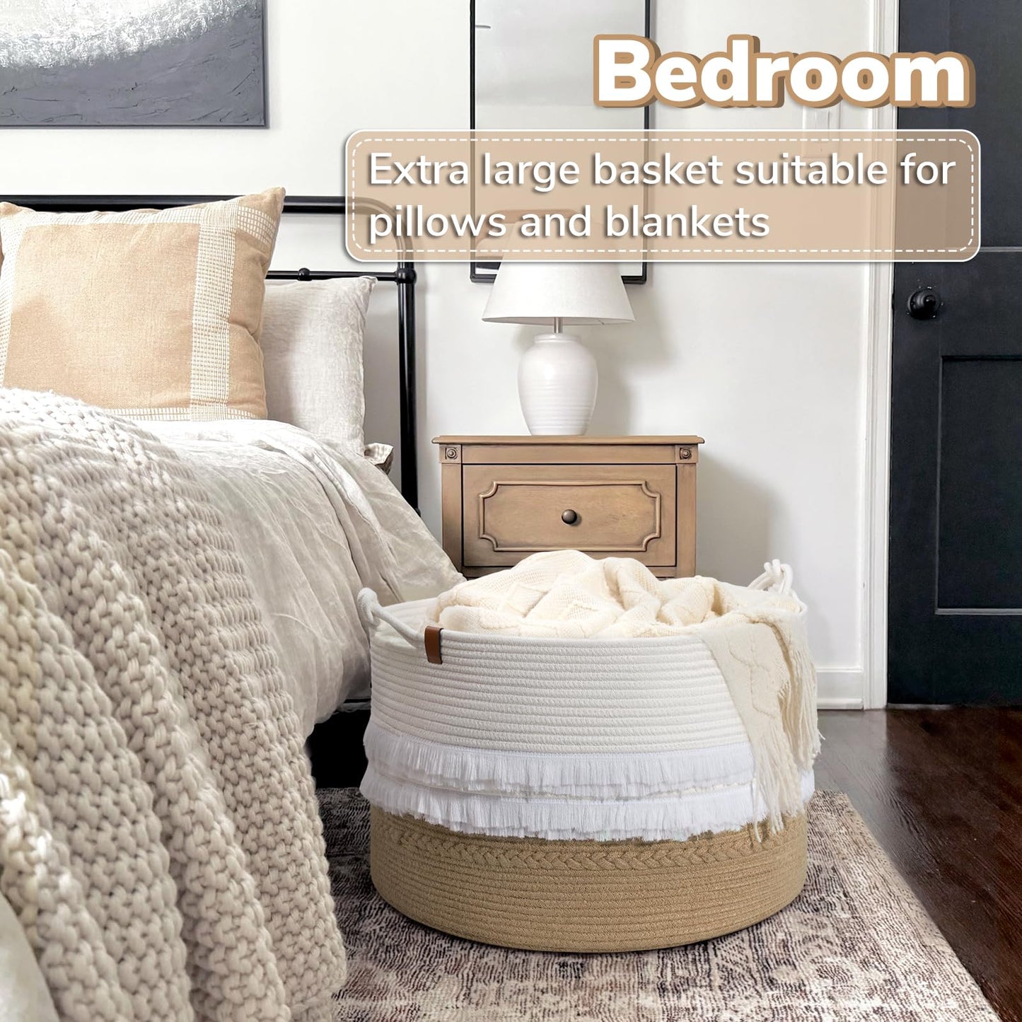 CherryNow Large Wicker Laundry Basket for Entryway, Bedroom, Jute Decorative Baskets for Clothes, Toys, Towel Basket for Bathrooom, 22 x 14 inches, 83L