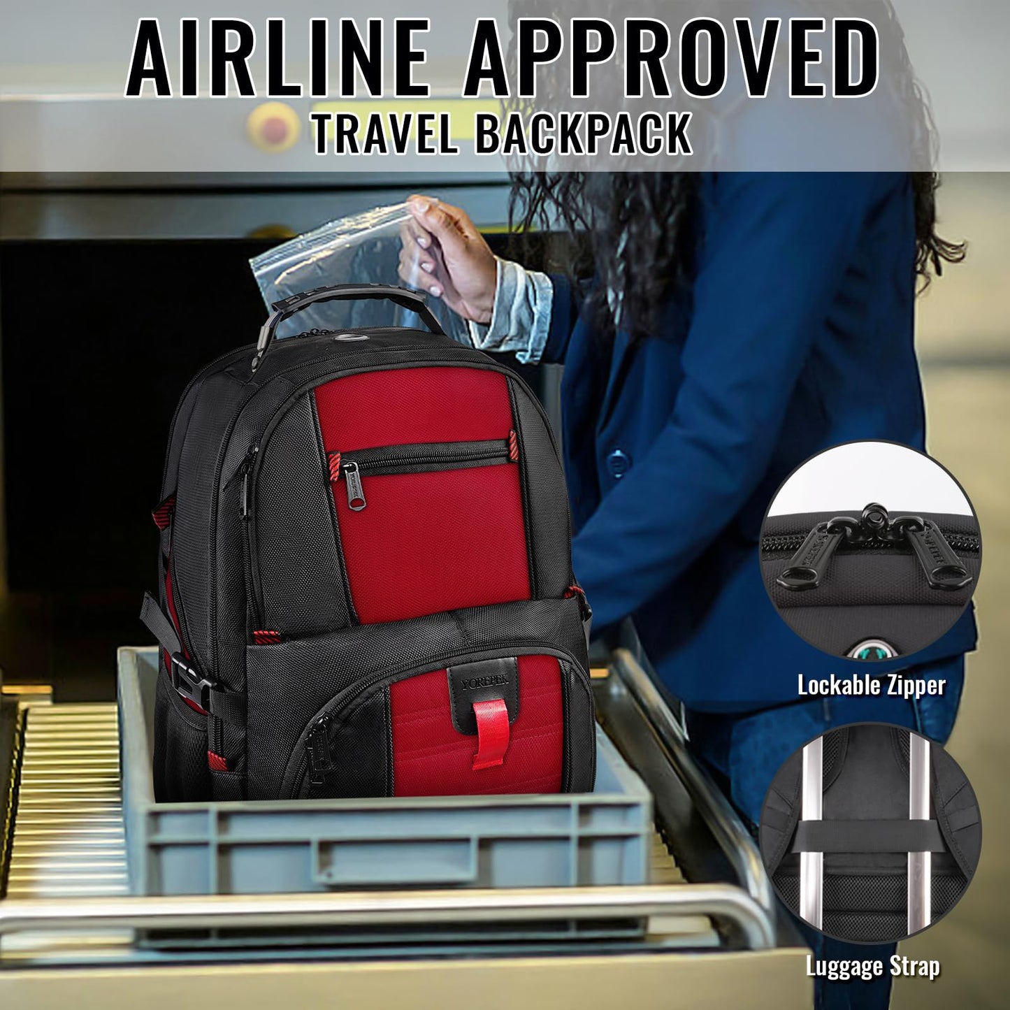 YOREPEK 18.4 Laptop Backpack,Large Backpacks Fit Most 18 Inch Laptop with USB Charger Port,TSA Friendly Flight Approved Weekend Carry on Backpack with Luggage Strap for Men and Women, Red