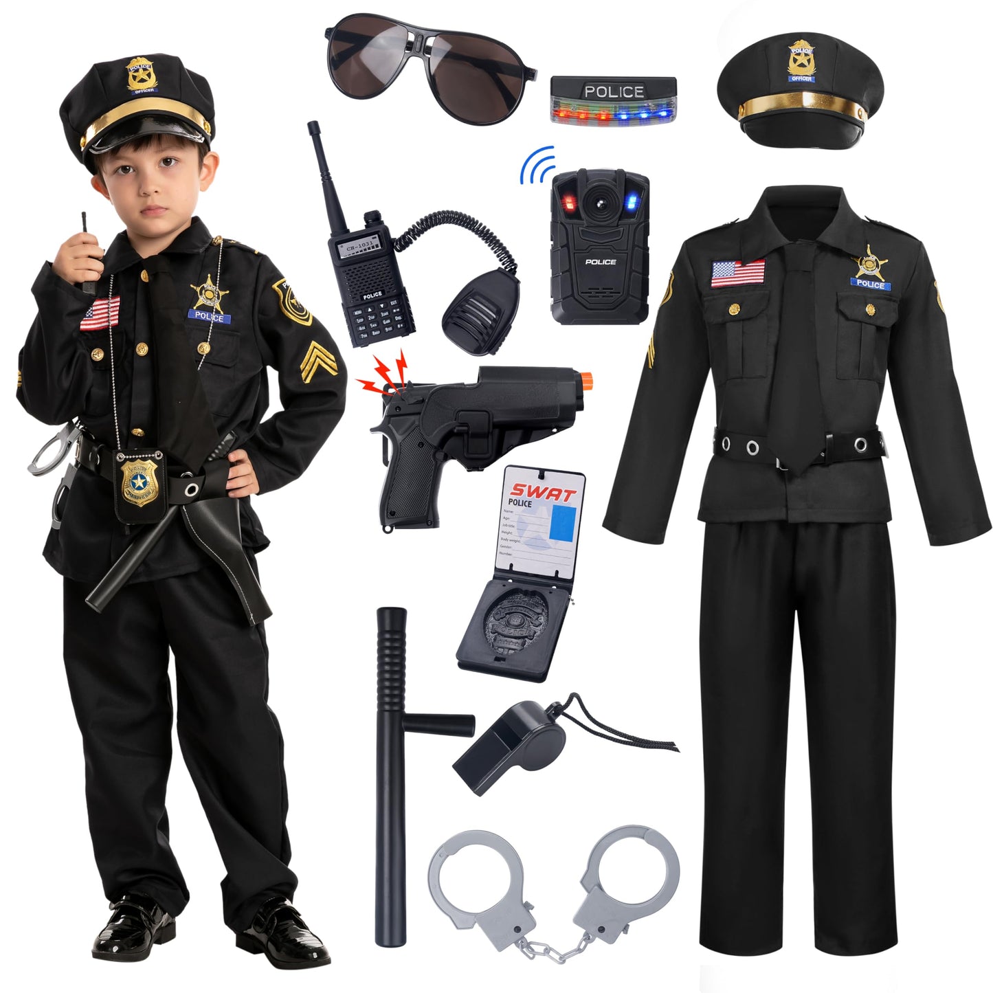 Spooktacular Creations 14PCS Halloween Police Costume for Kids, Black Police Officer Costume for Boys, Toddler Cosplay RolePlay Themed Party (Small, 5-7 yrs)