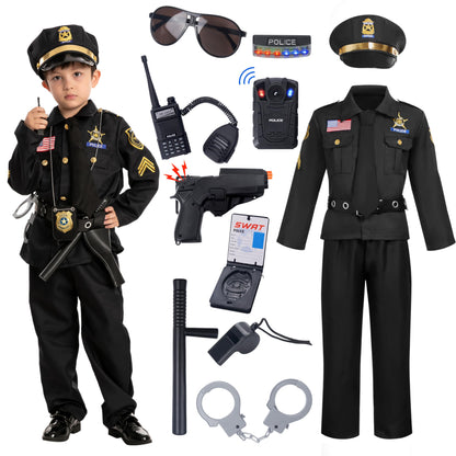 Spooktacular Creations 14PCS Halloween Police Costume for Kids, Black Police Officer Costume for Boys, Toddler Cosplay RolePlay Themed Party (Small, 5-7 yrs)
