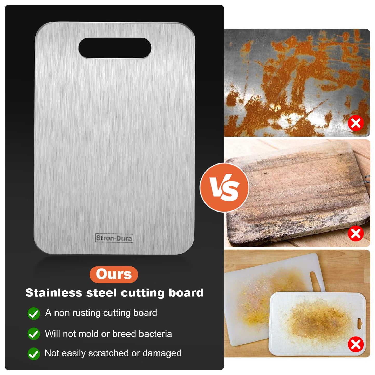 Stron- Dura Cutting Board - 304 Food Grade Stainless Steel Cutting Boards for Kitchen- for cutting Meat, Fruit, Vegetables, Outdoor or Indoor 11.5" X 8" (1, Small)