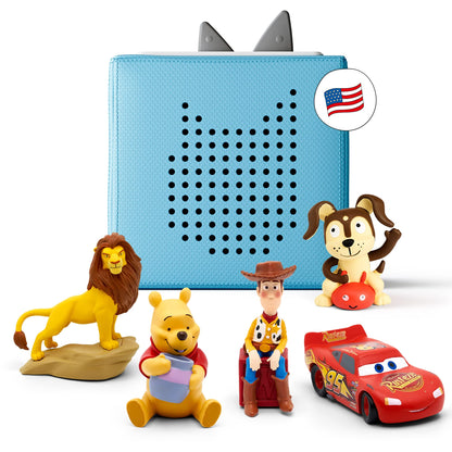Toniebox Audio Player Disney Starter Set Bundle with Woody, Lightning McQueen, Simba, Winnie-The-Pooh, and Playtime Puppy - Listen, Learn, and Play with One Huggable Little Box - Light Blue