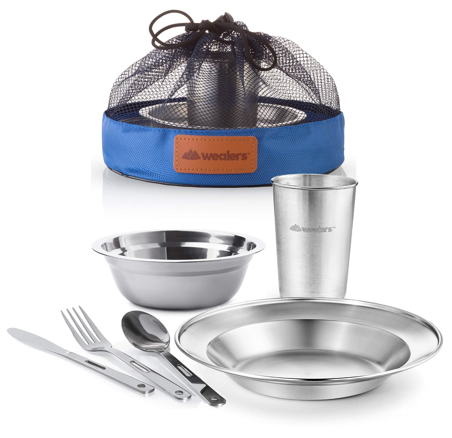 Wealers Unique Complete Messware Kit Polished Stainless Steel Dishes Set| Tableware| Dinnerware| Camping| Buffet| Includes - Cups | Plates| Bowls| Cutlery| Comes in Mesh Bags (Single Person Blue)