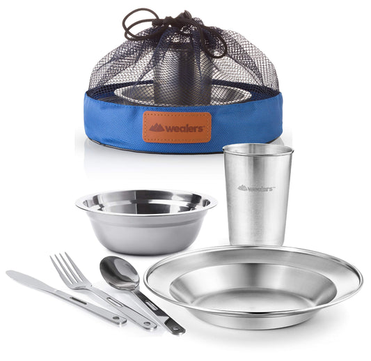 Wealers Unique Complete Messware Kit Polished Stainless Steel Dishes Set| Tableware| Dinnerware| Camping| Buffet| Includes - Cups | Plates| Bowls| Cutlery| Comes in Mesh Bags (Single Person Blue)