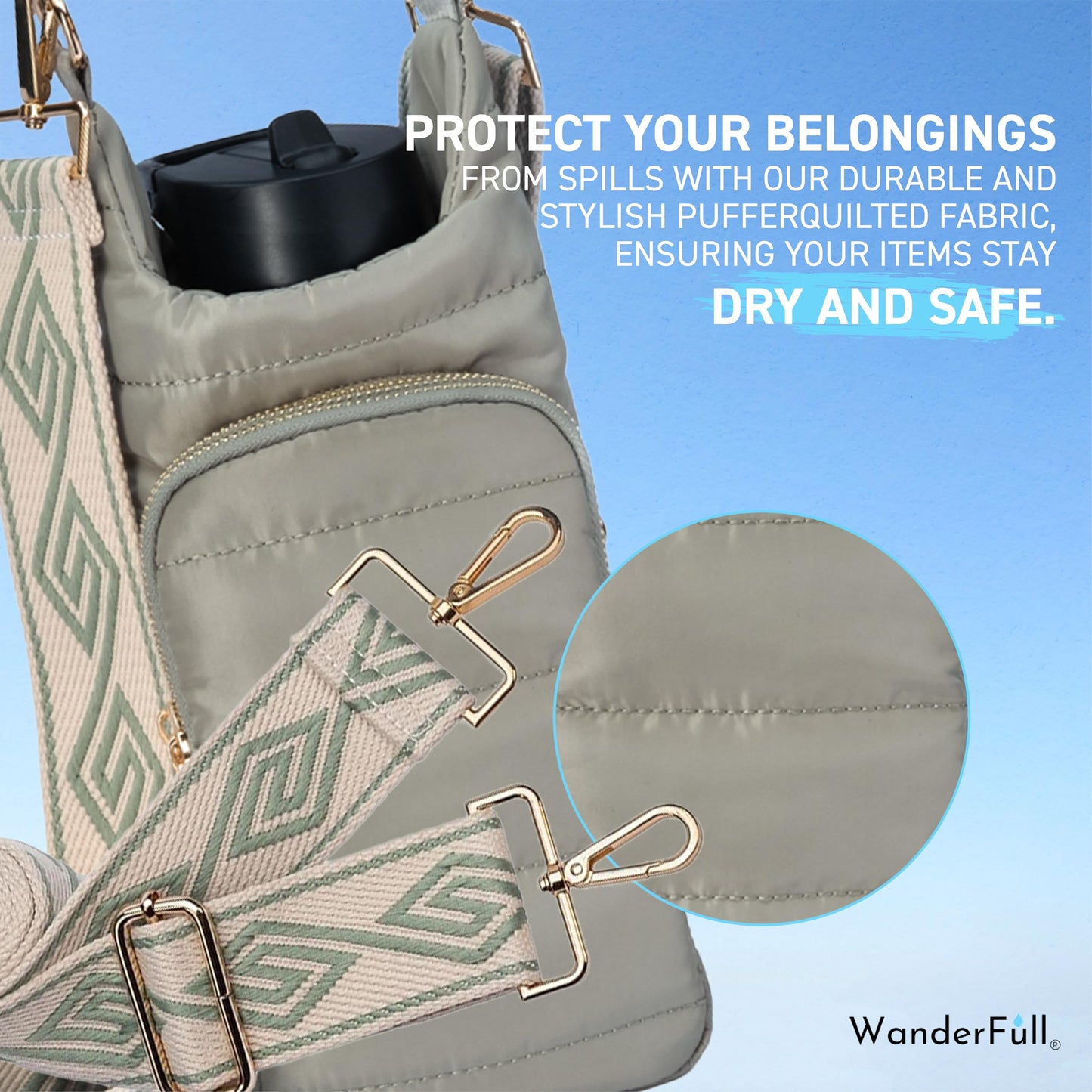 WanderFull® Original HydroBag® Fits Up to 32 oz Water Bottle Holder with Strap - Hands-Free Crossbody Water Bottle Carrier Bag with Phone Pocket - Sage