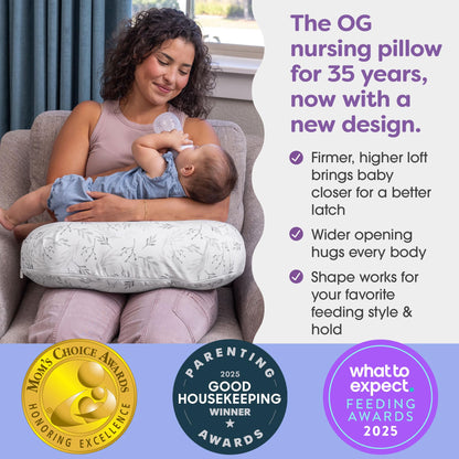 Boppy Nursing Pillow - Ergonomic Bottle & Breastfeeding Pillow with High, Firm, Large Area, Water-Repellent Cushion with Washable Cover; Baby Safety Alliance Verified - Gray Gentle Leaves