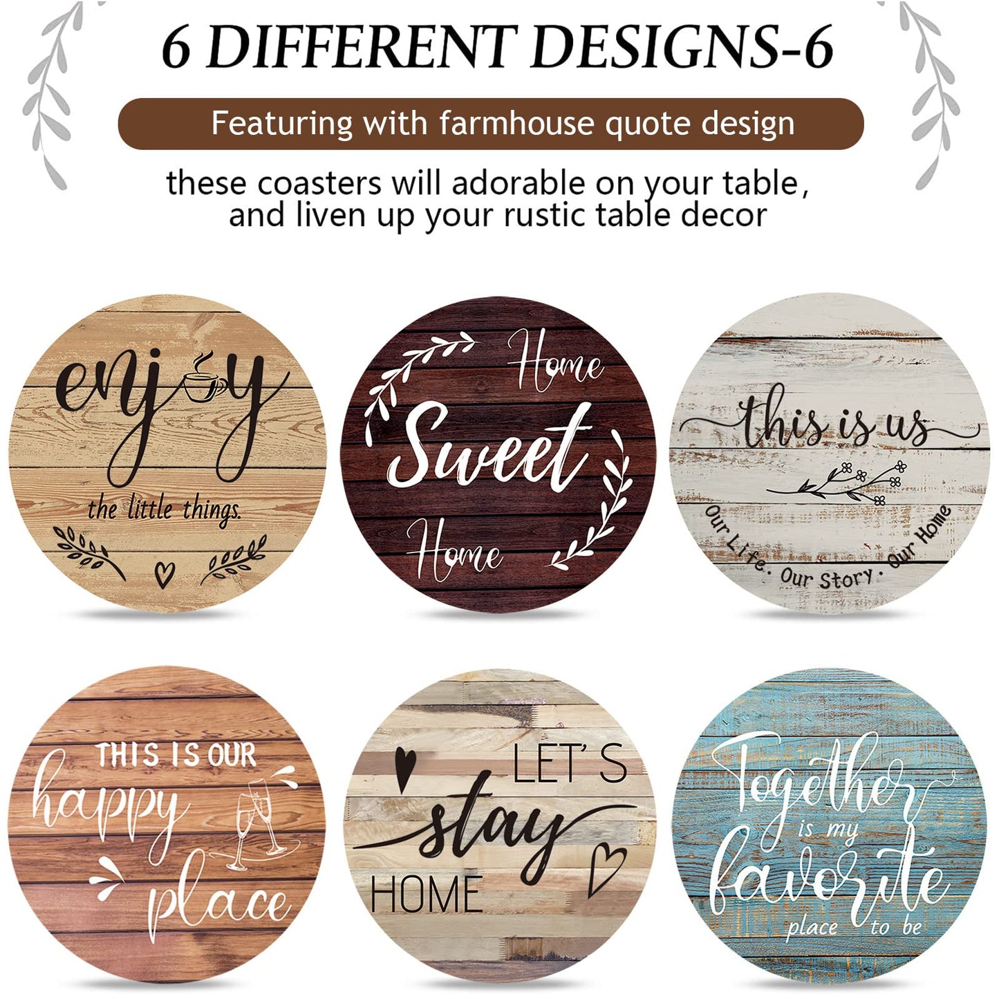 Queekay Housewarming Gifts for Home Decoration Wooden Heart Coasters for Drinks 6 Set Farmhouse Coasters with Holder Funny for Family Coffee Table Protection, 4''(Classic Farmhouse)