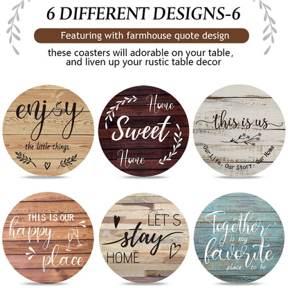 Queekay Housewarming Gifts for Home Decoration Wooden Heart Coasters for Drinks 6 Set Farmhouse Coasters with Holder Funny for Family Coffee Table Protection, 4''(Classic Farmhouse)