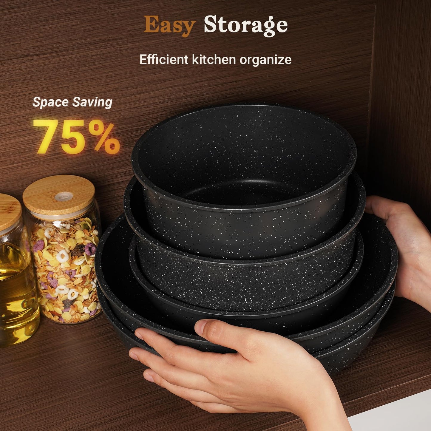 SODAY 15Pcs Pots and Pans Set Non Stick, Cookware Sets with Detachable Handle, Nonstick RV Kitchen Cooking Tools Removable Handles, Oven Safe, Induction Fast, Stackable Induction Cookware,Black