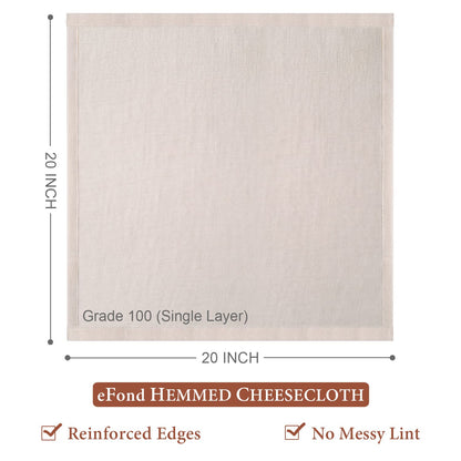 eFond Cheese Cloths | 3-Pack, 20x20Inch Squares with Hemmed Edges | Grade 100 Ultra Fine Reusable Cheesecloth for Straining | Unbleached Cotton Muslin Cloths | For Nut Milk, Butter, Baking & Cooking