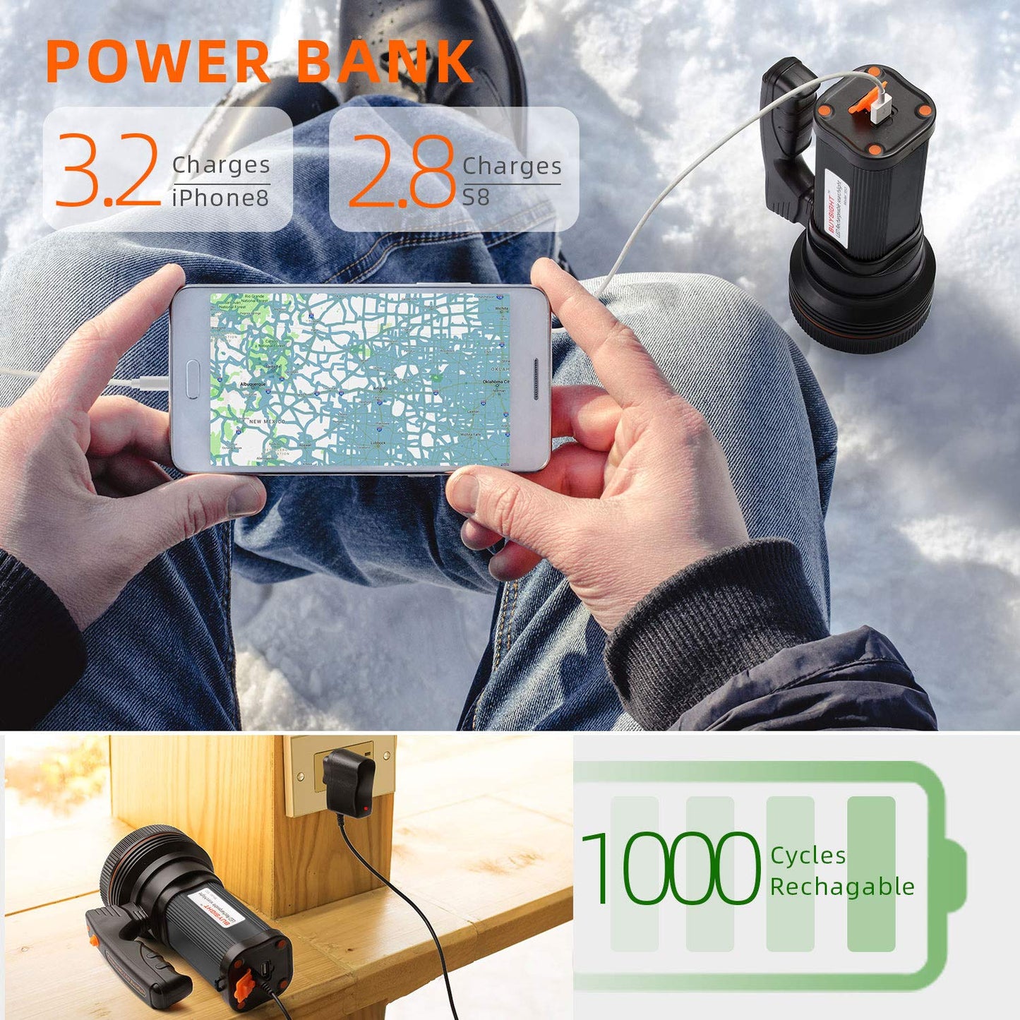 BUYSIGHT Rechargeable Spotlight Flashlight High Lumen Handheld Spot Light LED Flashlight with Handl Ultra-Long Standby Electric Torch with USB Output （Classic Black）