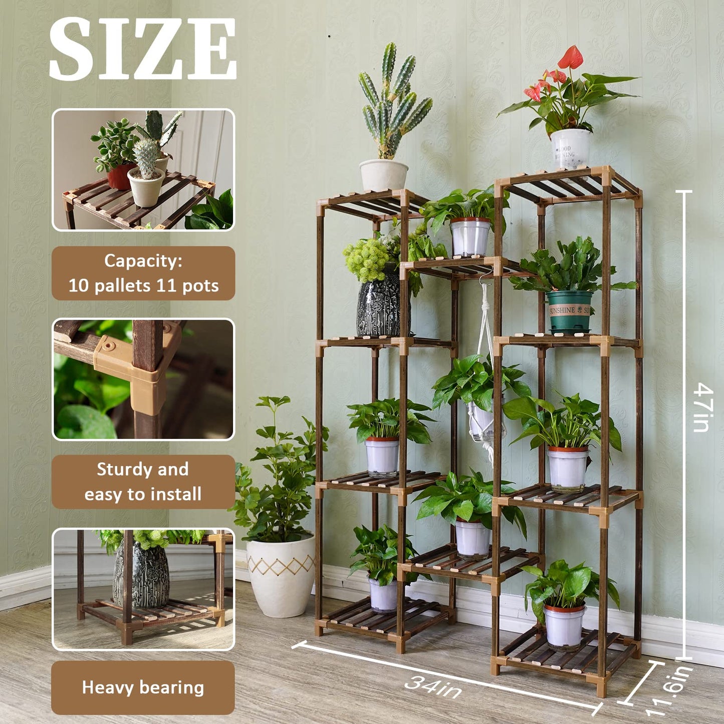 Uneedem Tall Shelf Stand Indoor Outdoor for Multiple Plants, 10 tiers 11 Pot Wood Plant Holder Rack for Room Corner Balcony Garden Patio Brown Large